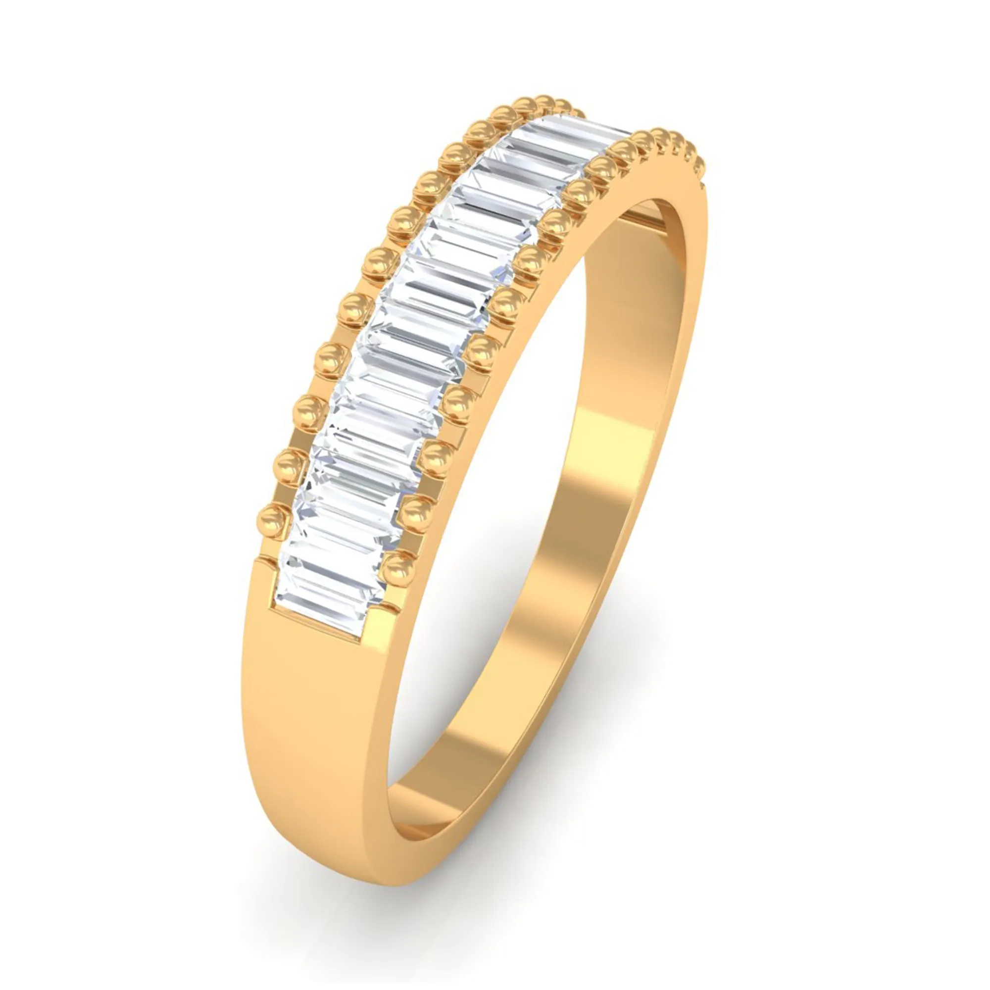 Baguette Cut Zircon Minimal Half Eternity Ring with Gold Beaded