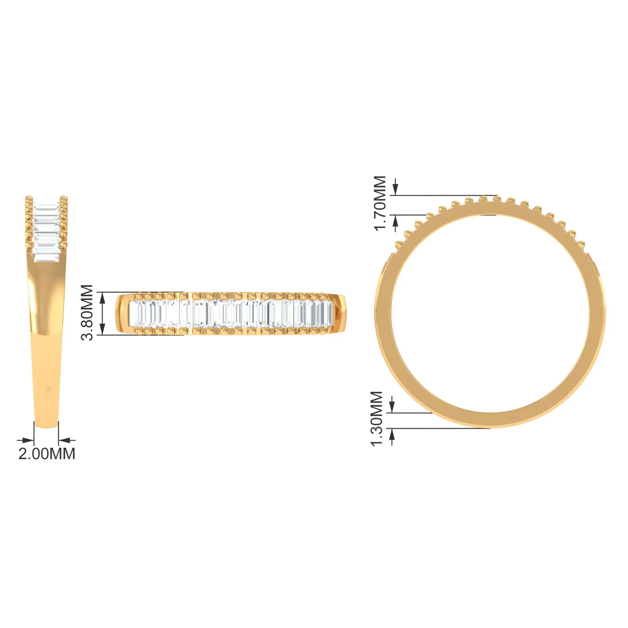 Baguette Cut Zircon Minimal Half Eternity Ring with Gold Beaded
