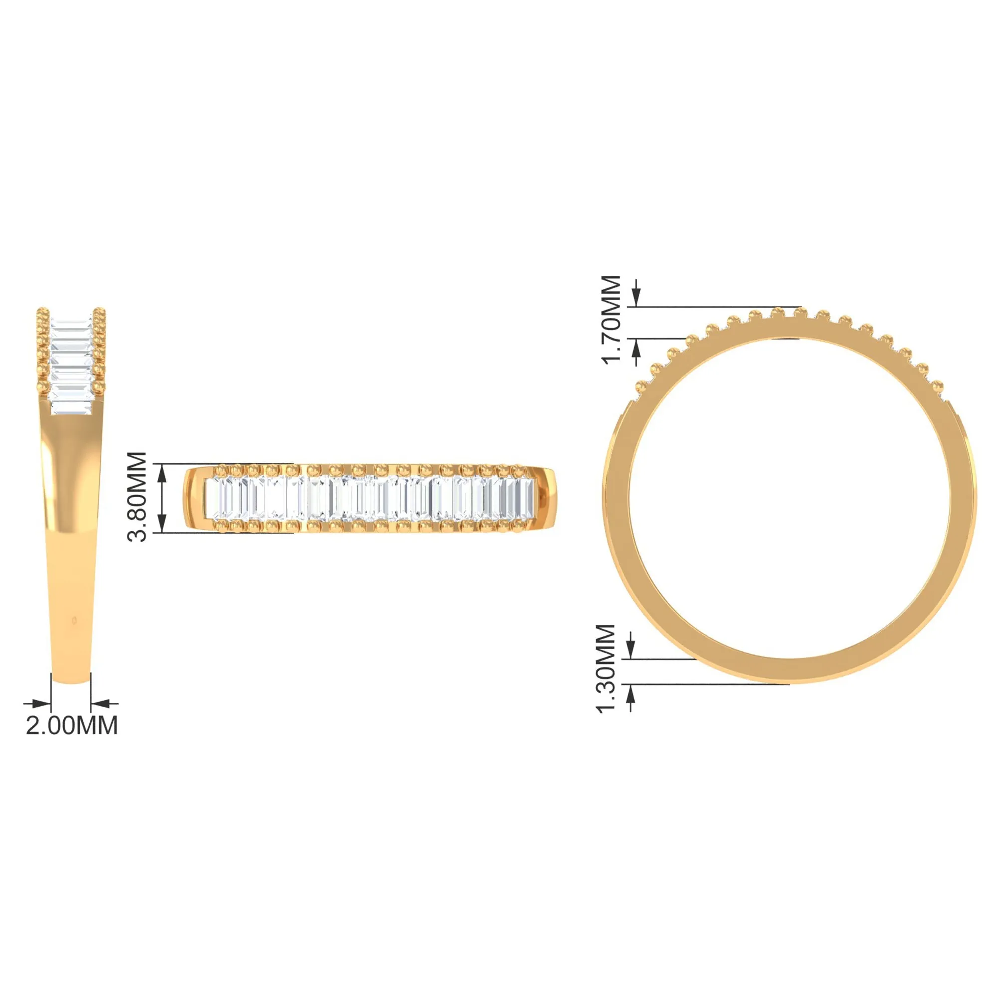 Baguette Cut Zircon Minimal Half Eternity Ring with Gold Beaded