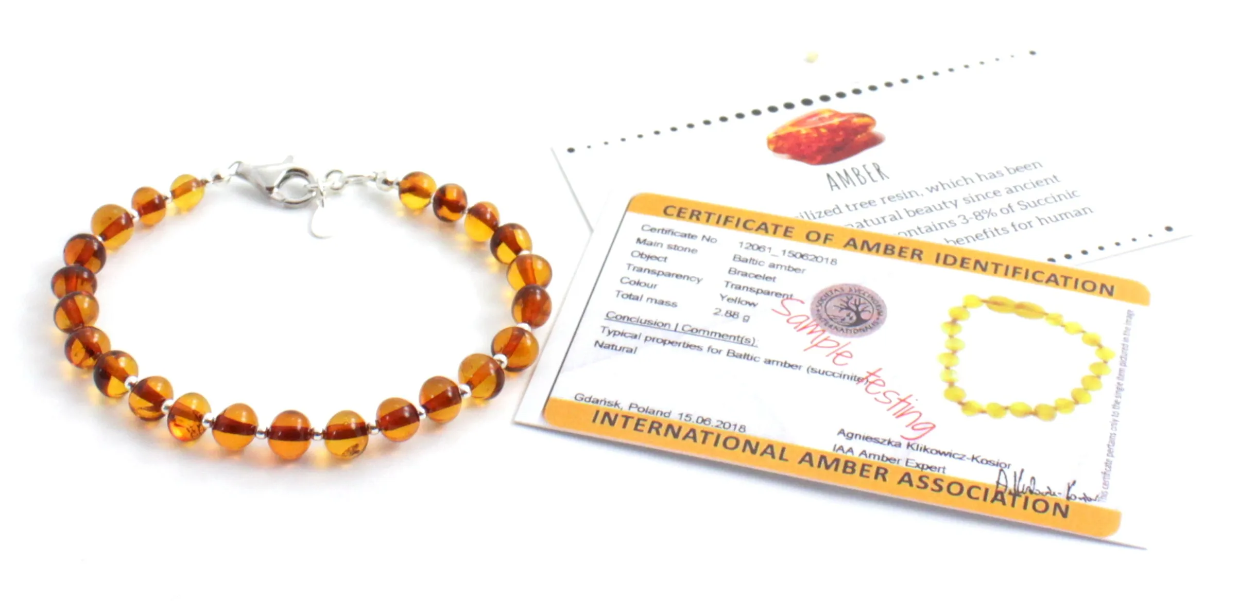 Baltic Amber Beaded Bracelet with Sterling Silver 925 for Men and Women - Cognac Brown Gemstone Jewelry