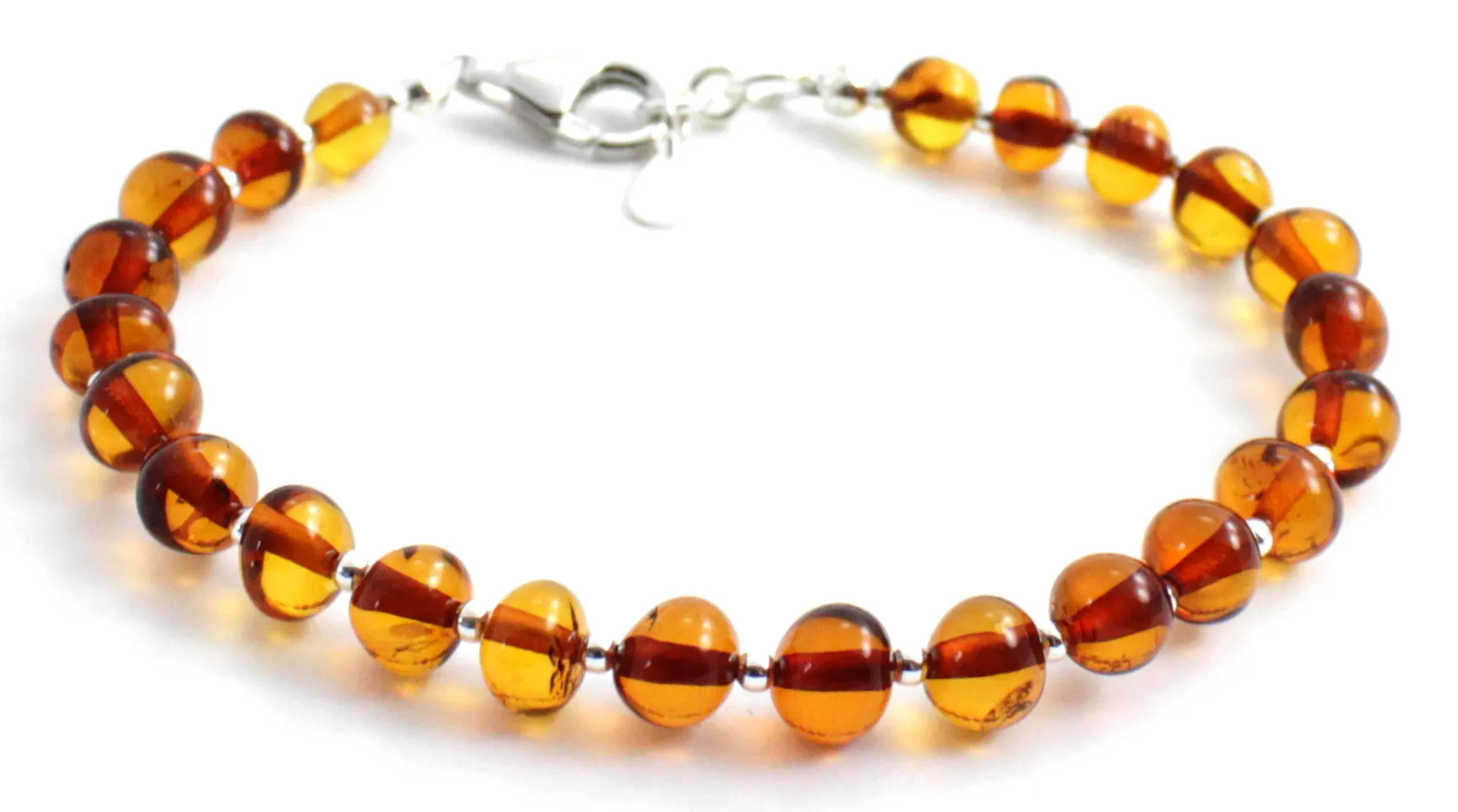 Baltic Amber Beaded Bracelet with Sterling Silver 925 for Men and Women - Cognac Brown Gemstone Jewelry