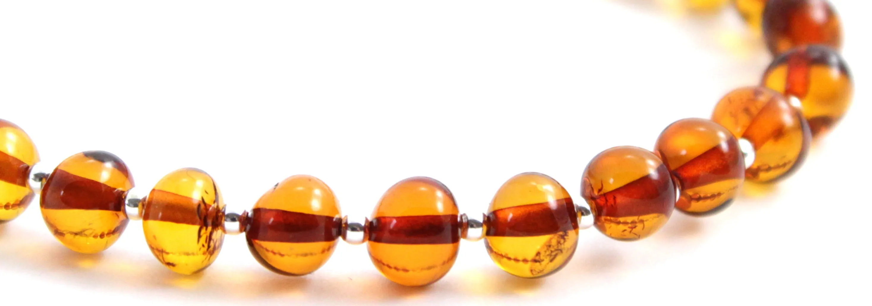 Baltic Amber Beaded Bracelet with Sterling Silver 925 for Men and Women - Cognac Brown Gemstone Jewelry