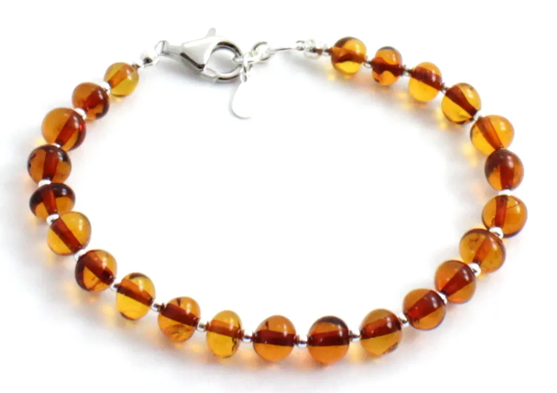 Baltic Amber Beaded Bracelet with Sterling Silver 925 for Men and Women - Cognac Brown Gemstone Jewelry