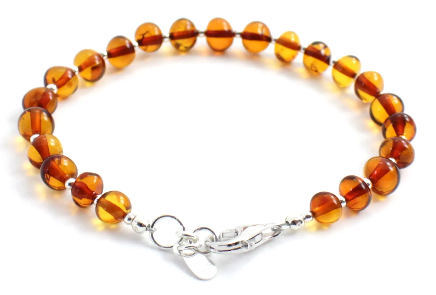 Baltic Amber Beaded Bracelet with Sterling Silver 925 for Men and Women - Cognac Brown Gemstone Jewelry