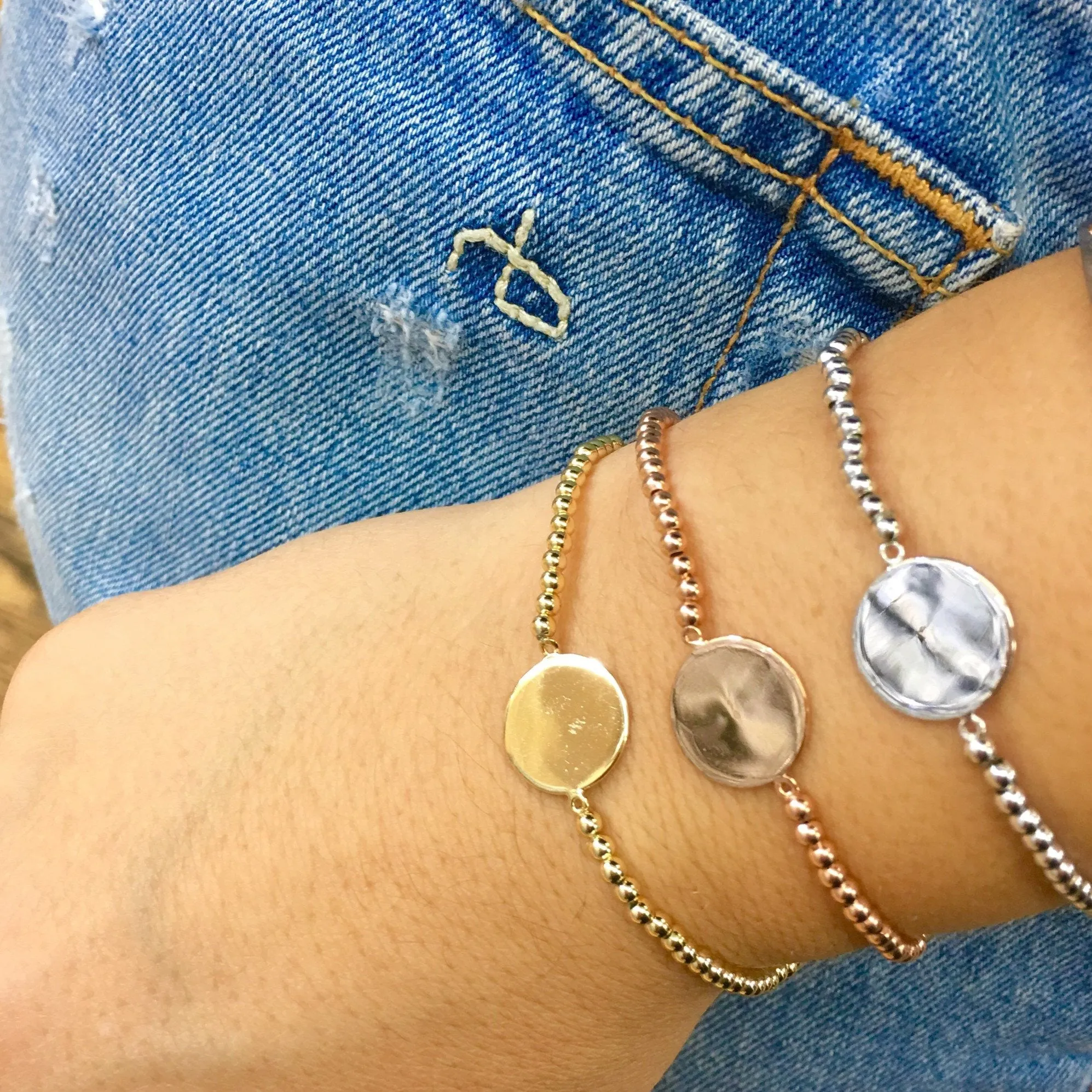 Beaded Engraved Disc Initial Bracelet