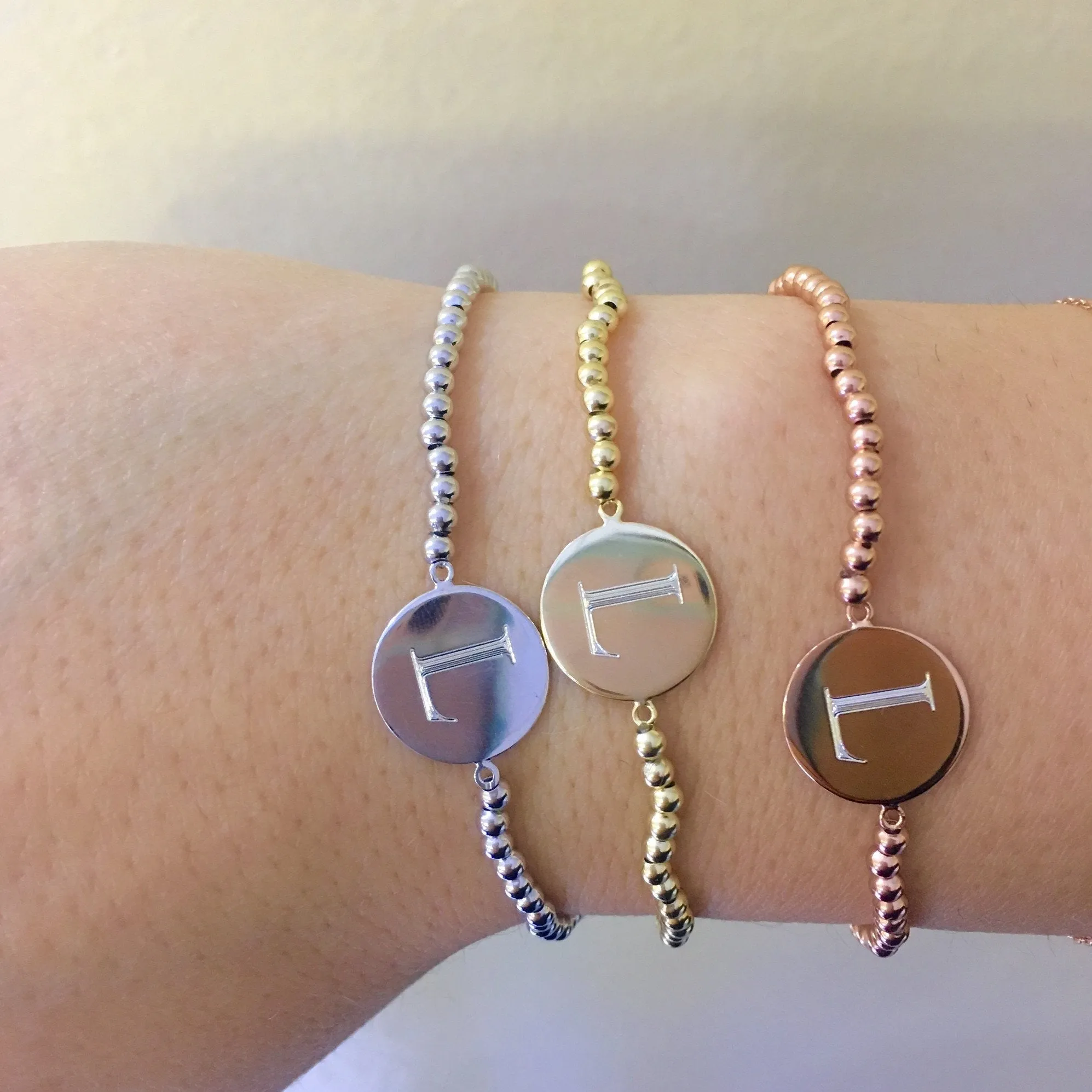 Beaded Engraved Disc Initial Bracelet