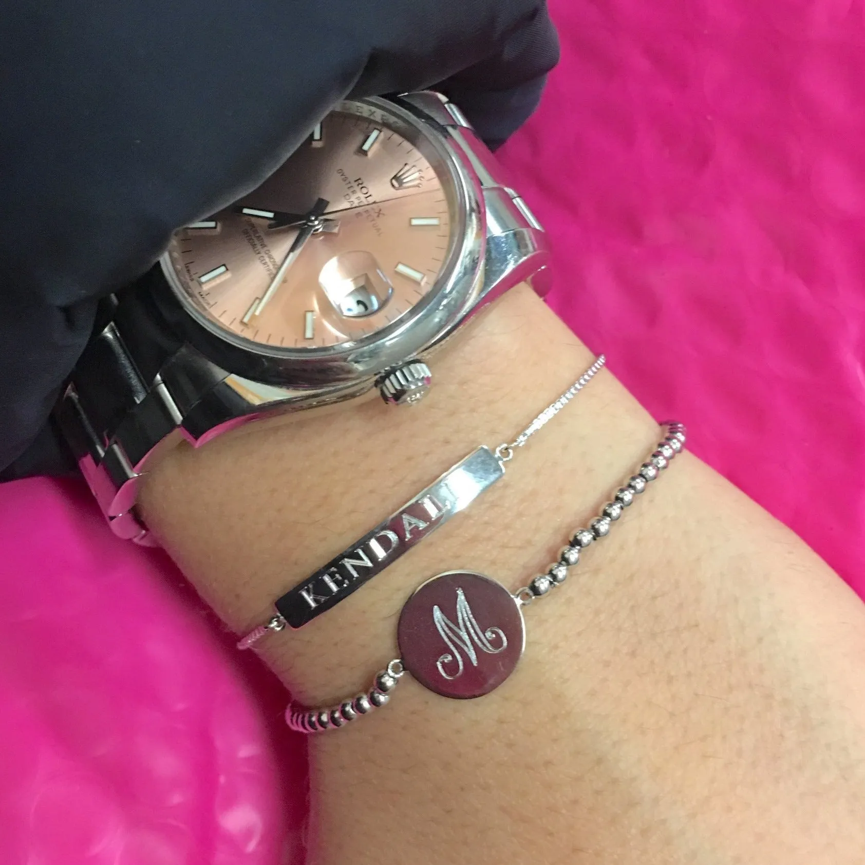 Beaded Engraved Disc Initial Bracelet