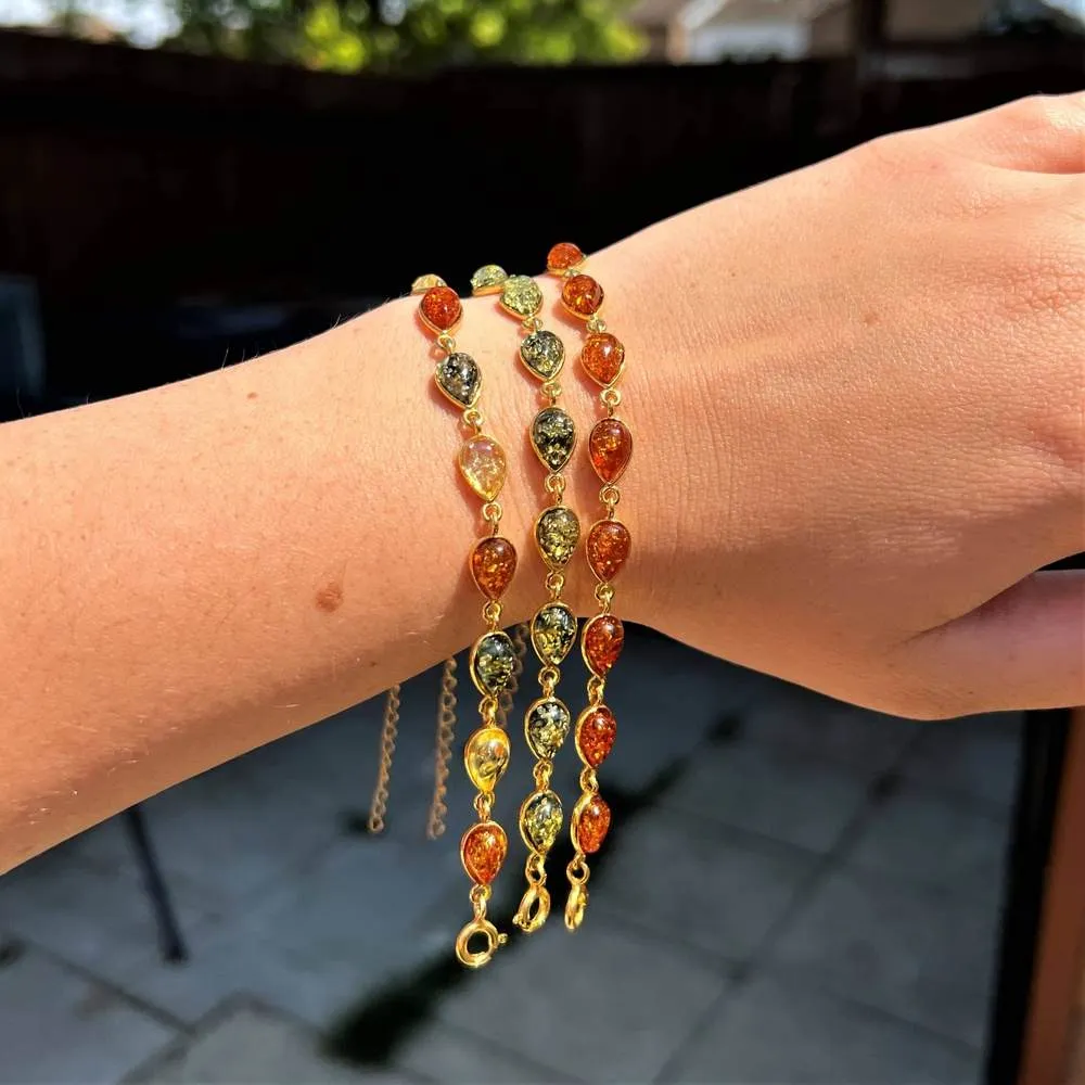 Classic 925 Sterling Silver Gold Plated with 22 Carat Gold 19 cm   4.5 cm Link Bracelet set with Genuine Baltic Amber Gemstones - MG502