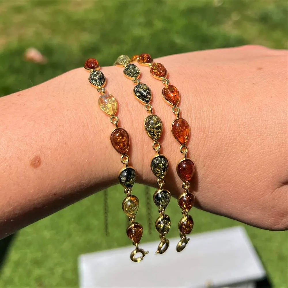 Classic 925 Sterling Silver Gold Plated with 22 Carat Gold 19 cm   4.5 cm Link Bracelet set with Genuine Baltic Amber Gemstones - MG502