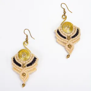 Cream Black Waxed String Spiral Brass Earrings