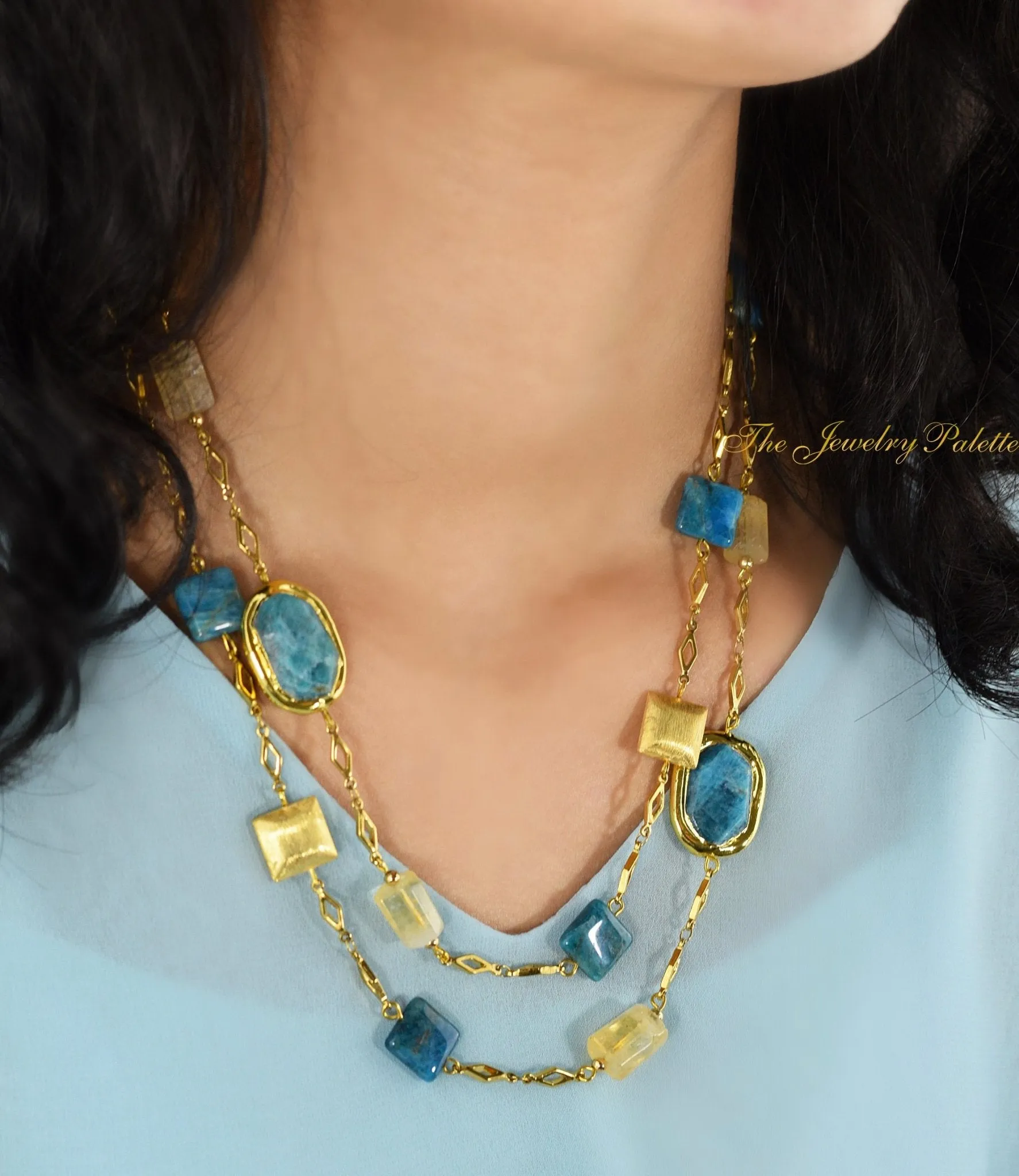Demi teal apatite and citrine gold chain necklace