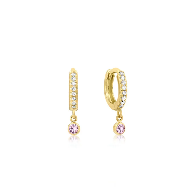 Diamond Huggies with Mini Pink Sapphire Bezel Drop