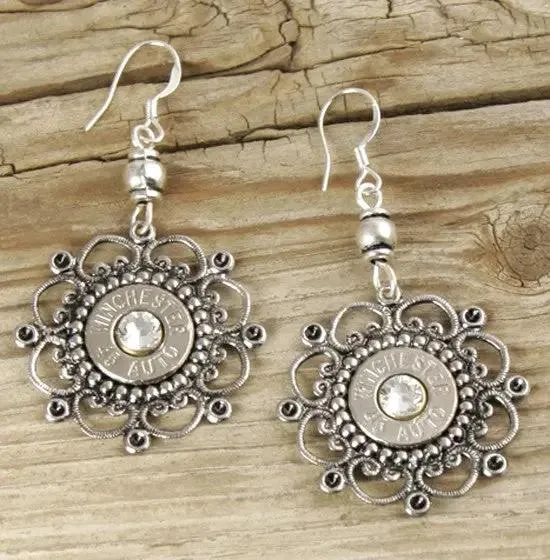 Elegant Wired Flower Bullet Earrings, 45 Auto Nickel