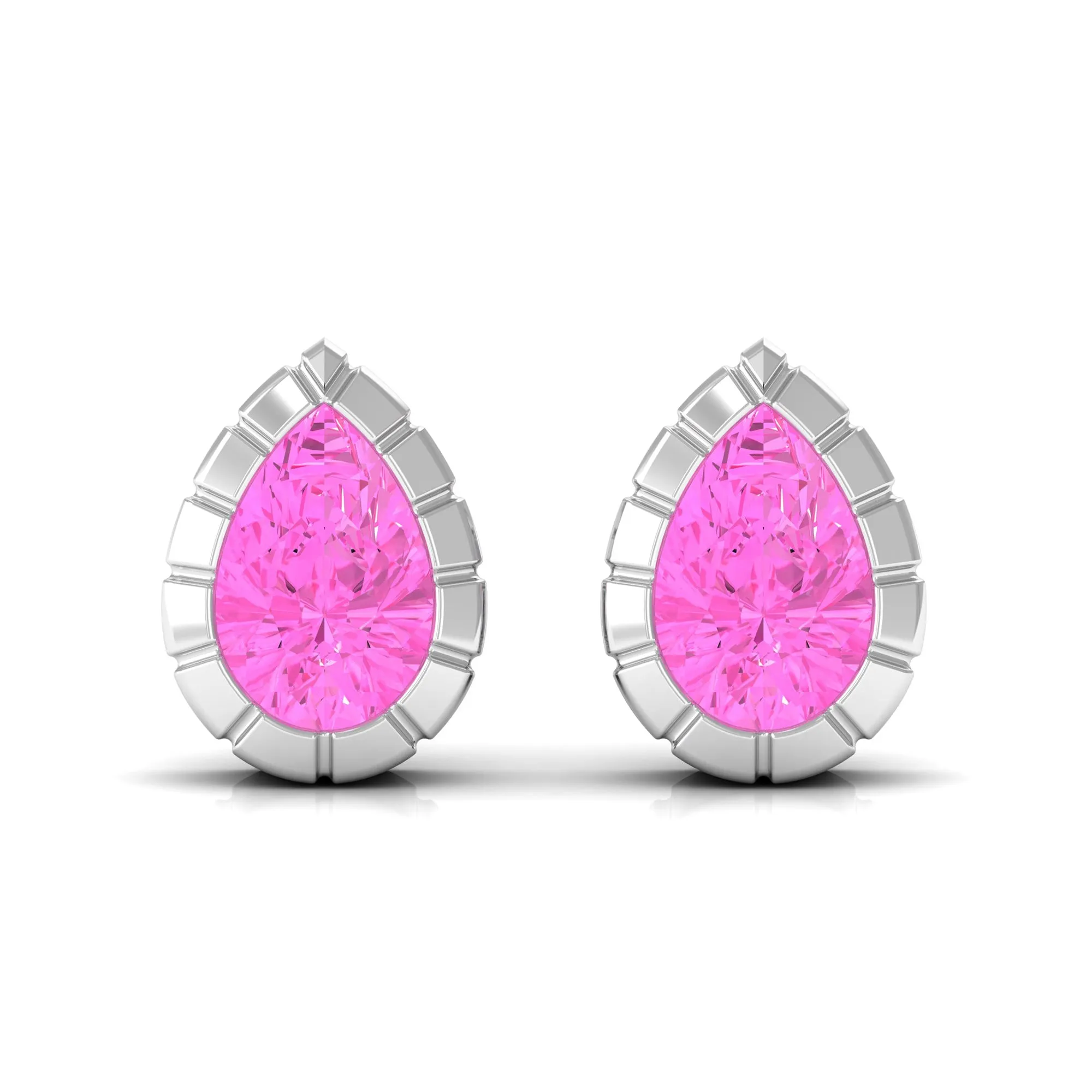 Engraved Bezel Set Pear Cut Pink Sapphire Solitaire Stud Earrings