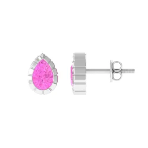Engraved Bezel Set Pear Cut Pink Sapphire Solitaire Stud Earrings