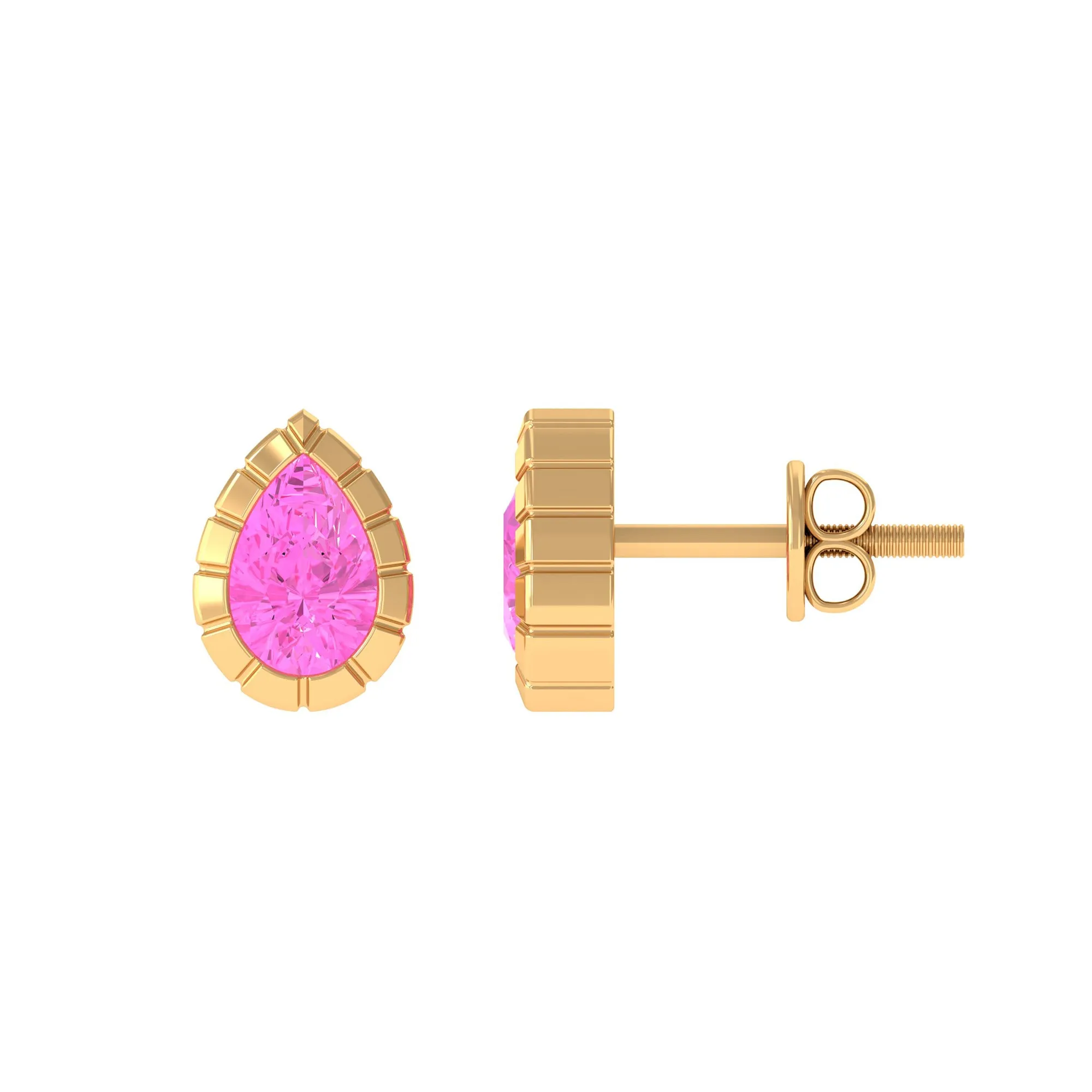 Engraved Bezel Set Pear Cut Pink Sapphire Solitaire Stud Earrings