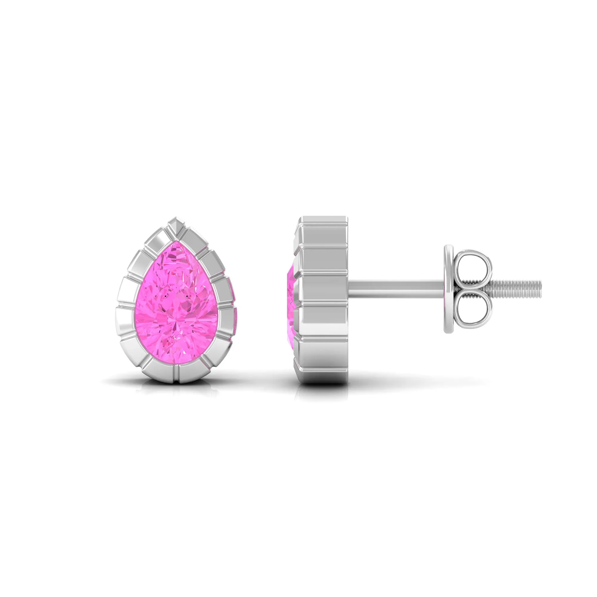 Engraved Bezel Set Pear Cut Pink Sapphire Solitaire Stud Earrings