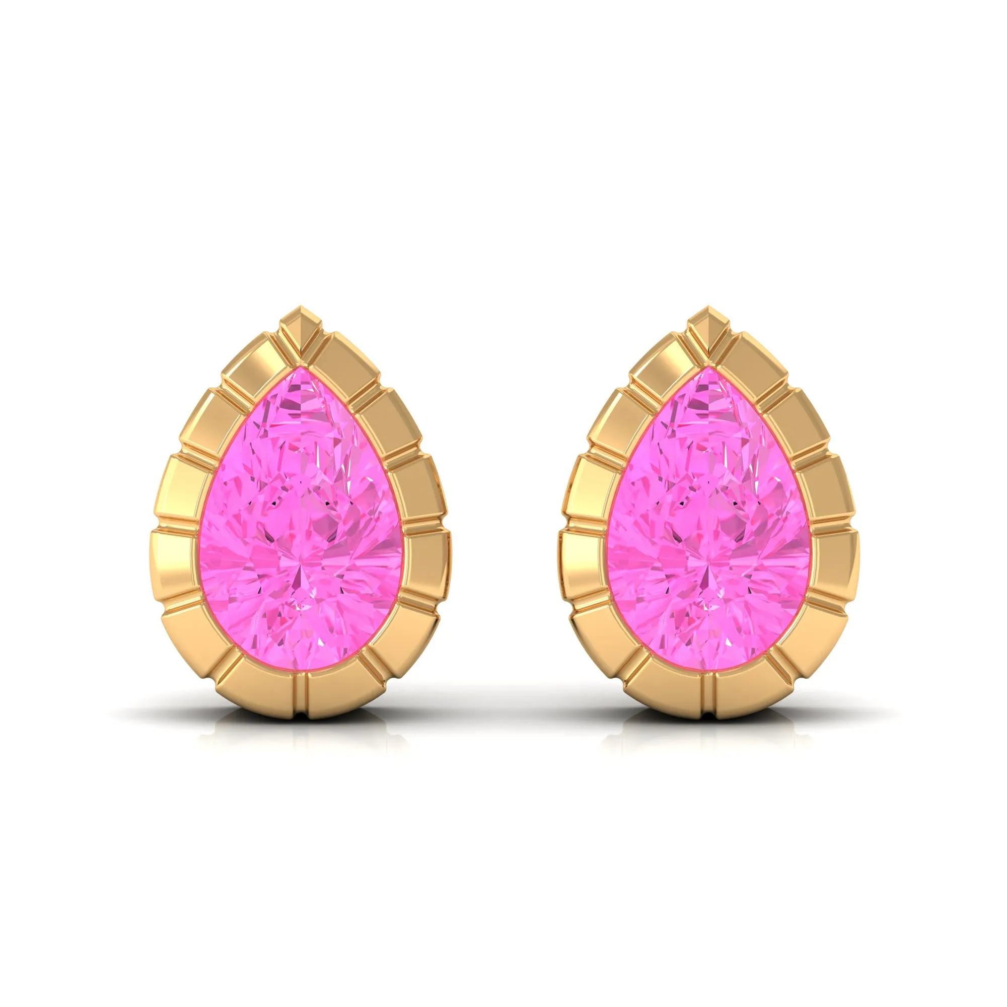 Engraved Bezel Set Pear Cut Pink Sapphire Solitaire Stud Earrings