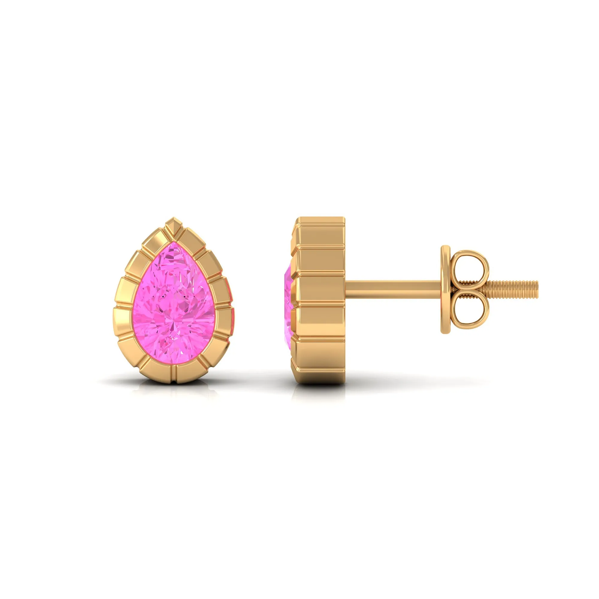 Engraved Bezel Set Pear Cut Pink Sapphire Solitaire Stud Earrings