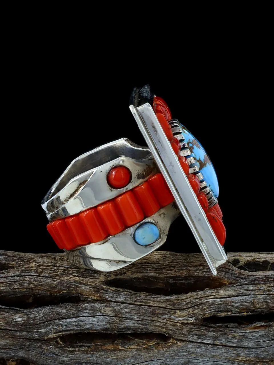 Estate Sterling Silver Navajo Coral and Turquoise Inlay Ring, Size 10 1/2