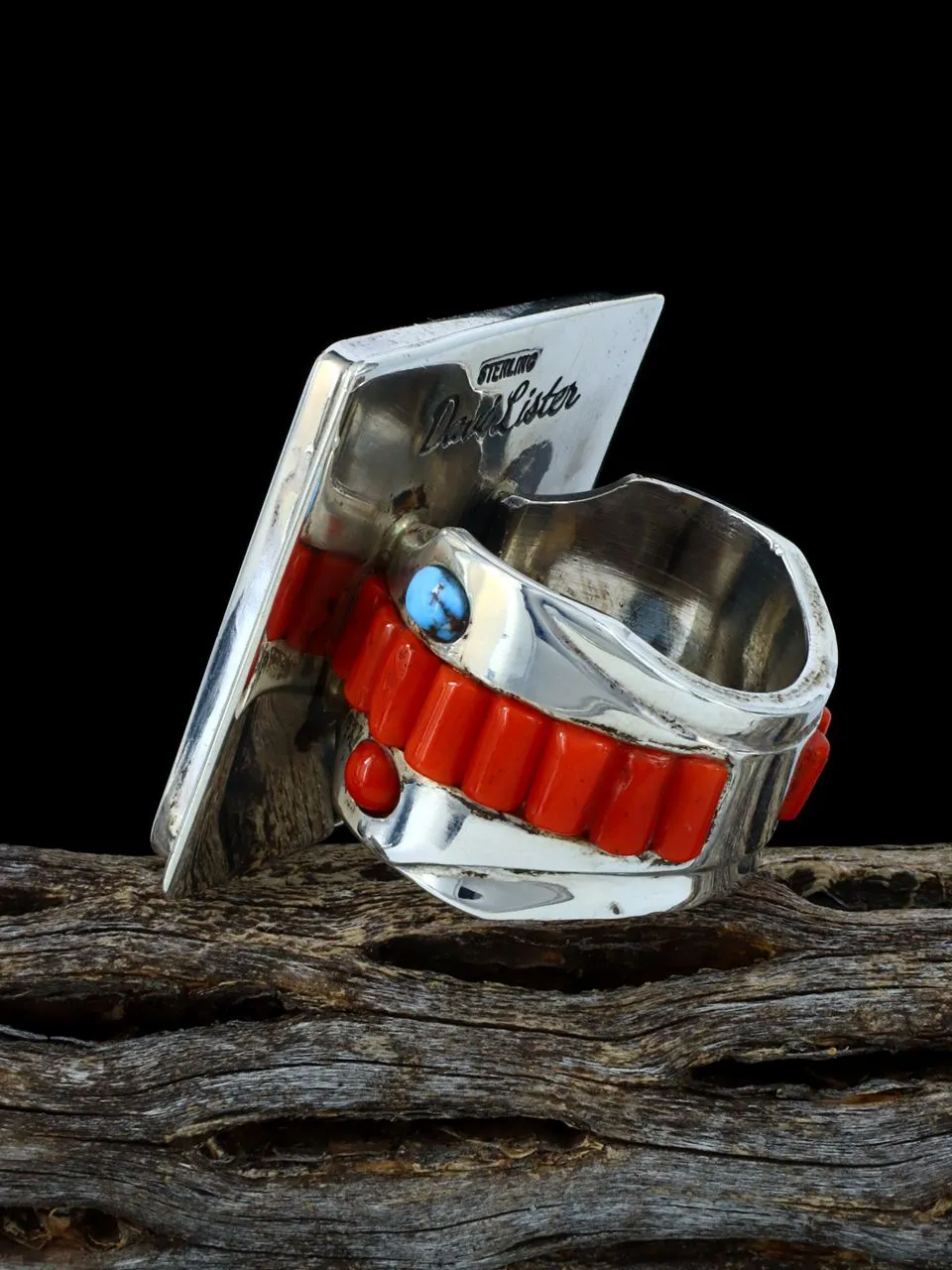 Estate Sterling Silver Navajo Coral and Turquoise Inlay Ring, Size 10 1/2