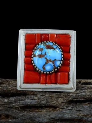 Estate Sterling Silver Navajo Coral and Turquoise Inlay Ring, Size 10 1/2