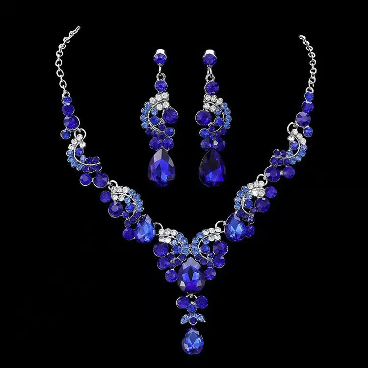 Fashion Women Alloy Rhinestone Pendant Necklace and Earrings Sets Bridal Crystal Jewelry Wedding Party Accessories