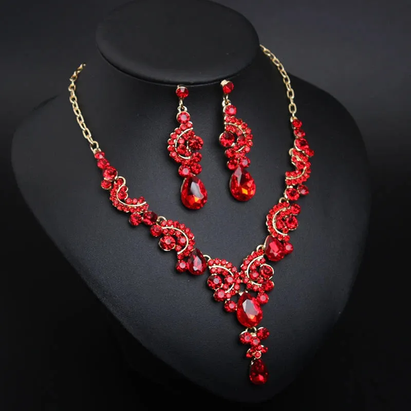 Fashion Women Alloy Rhinestone Pendant Necklace and Earrings Sets Bridal Crystal Jewelry Wedding Party Accessories