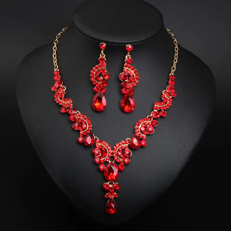 Fashion Women Alloy Rhinestone Pendant Necklace and Earrings Sets Bridal Crystal Jewelry Wedding Party Accessories