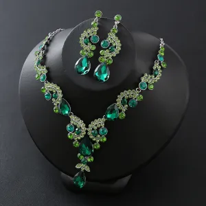 Fashion Women Alloy Rhinestone Pendant Necklace and Earrings Sets Bridal Crystal Jewelry Wedding Party Accessories