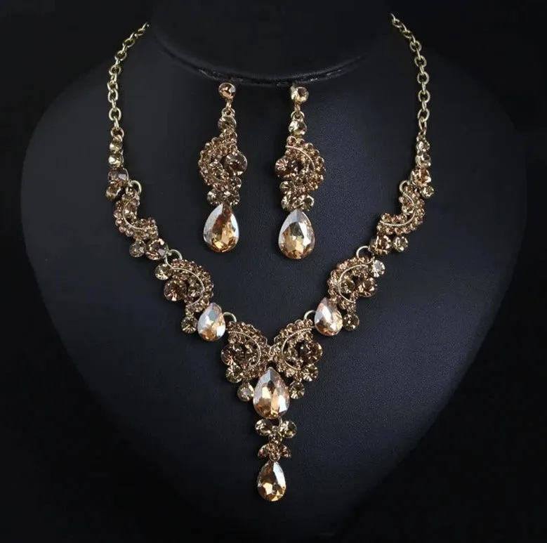 Fashion Women Alloy Rhinestone Pendant Necklace and Earrings Sets Bridal Crystal Jewelry Wedding Party Accessories