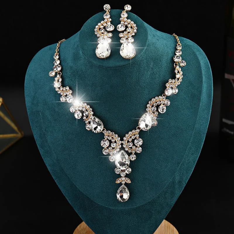 Fashion Women Alloy Rhinestone Pendant Necklace and Earrings Sets Bridal Crystal Jewelry Wedding Party Accessories