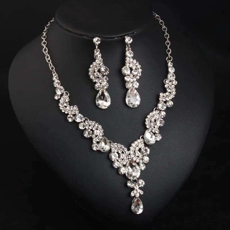Fashion Women Alloy Rhinestone Pendant Necklace and Earrings Sets Bridal Crystal Jewelry Wedding Party Accessories