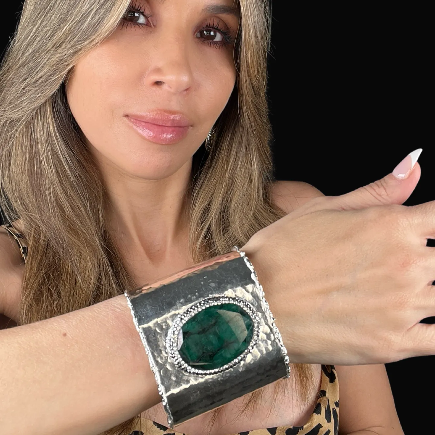 Gemstone Silver Adjustable Statement Cuff Bracelet