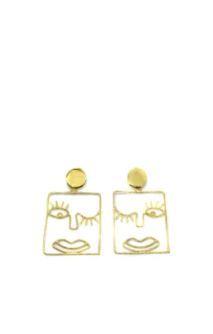 Gold Face Figure Square Earrings