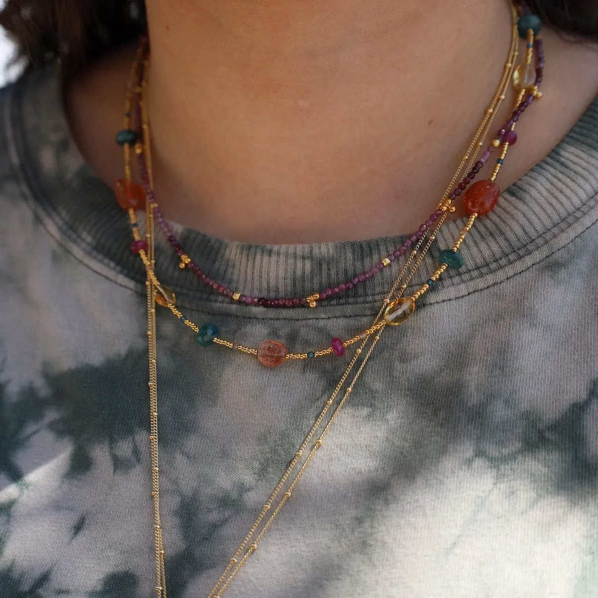 Gold Glass, Sunstone, Grandidierite Ruby Necklace