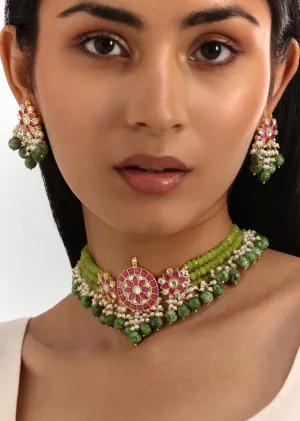 Green And Ruby Pachi Kundan Mixed Metal Necklace Set