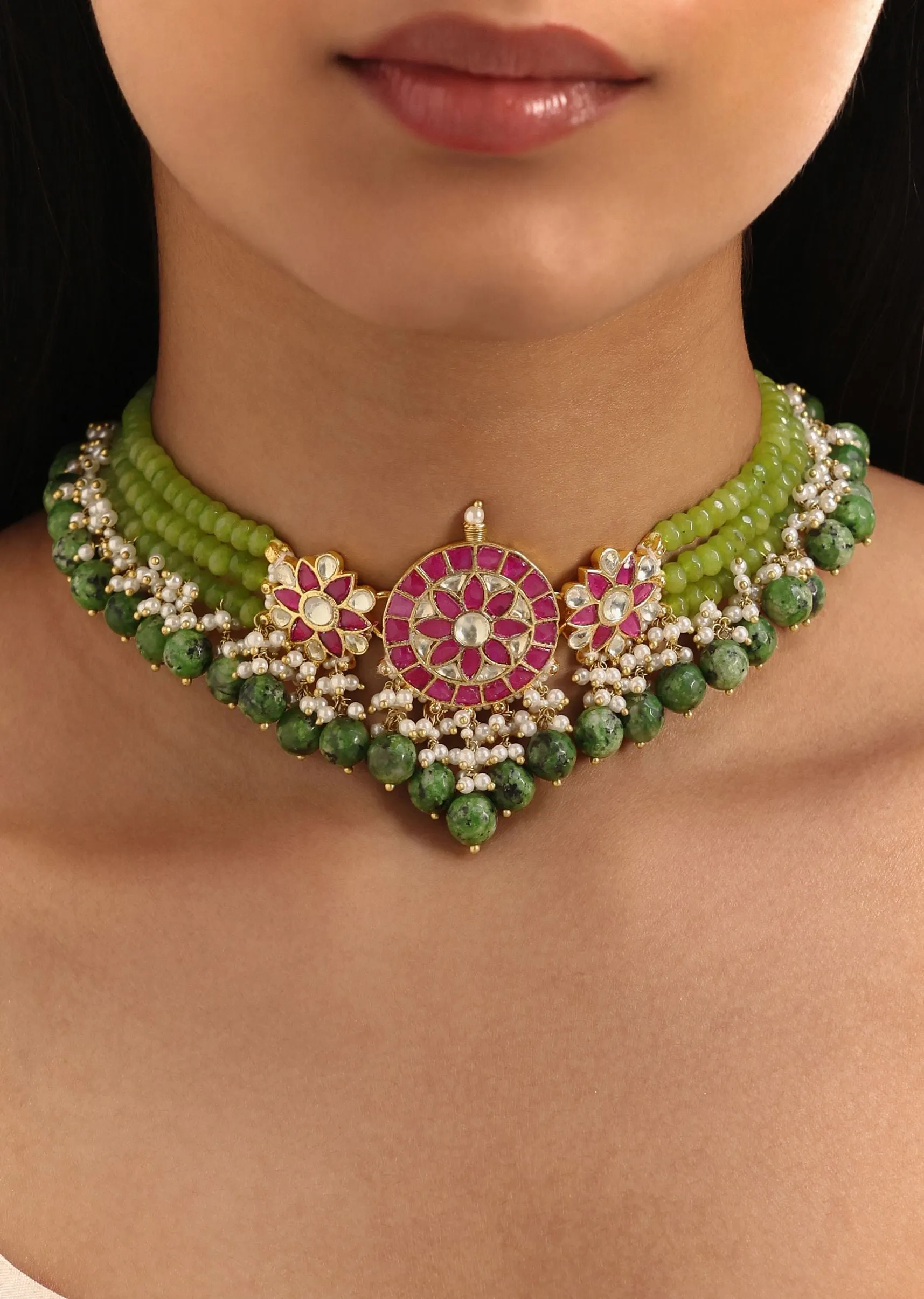 Green And Ruby Pachi Kundan Mixed Metal Necklace Set