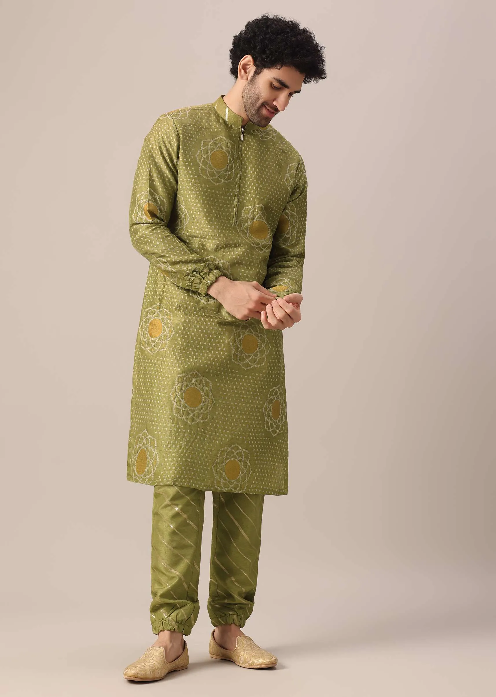 Green Printed Kurta Set In Brocade