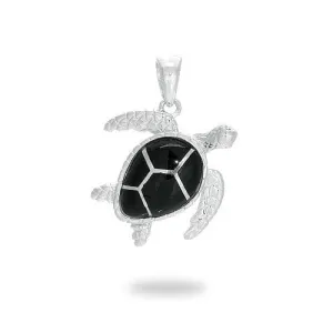 Honu Black Coral Pendant in Sterling Silver - 19mm