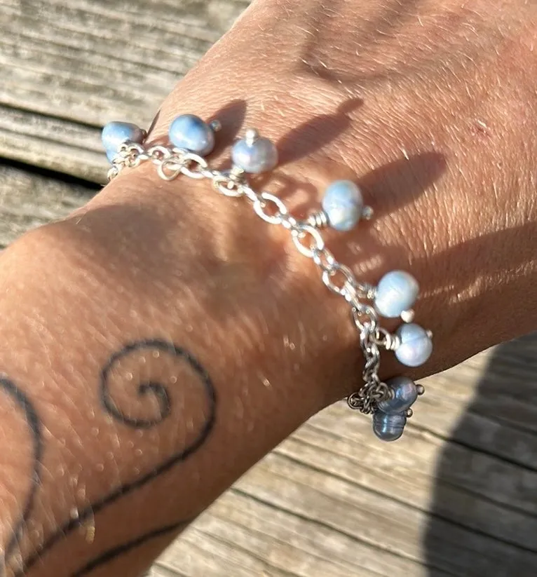 Icy blue pearl charm bracelet