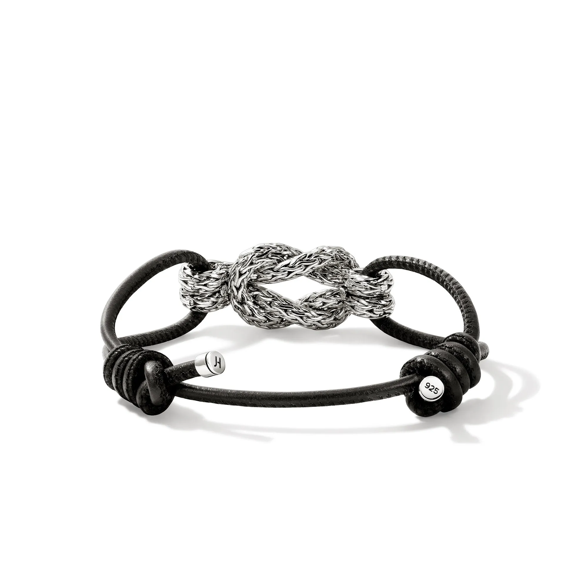 JOHN HARDY LARGE STERLING SILVER CHAIN LOVE KNOT AND BLACK LEATHER BRACELET