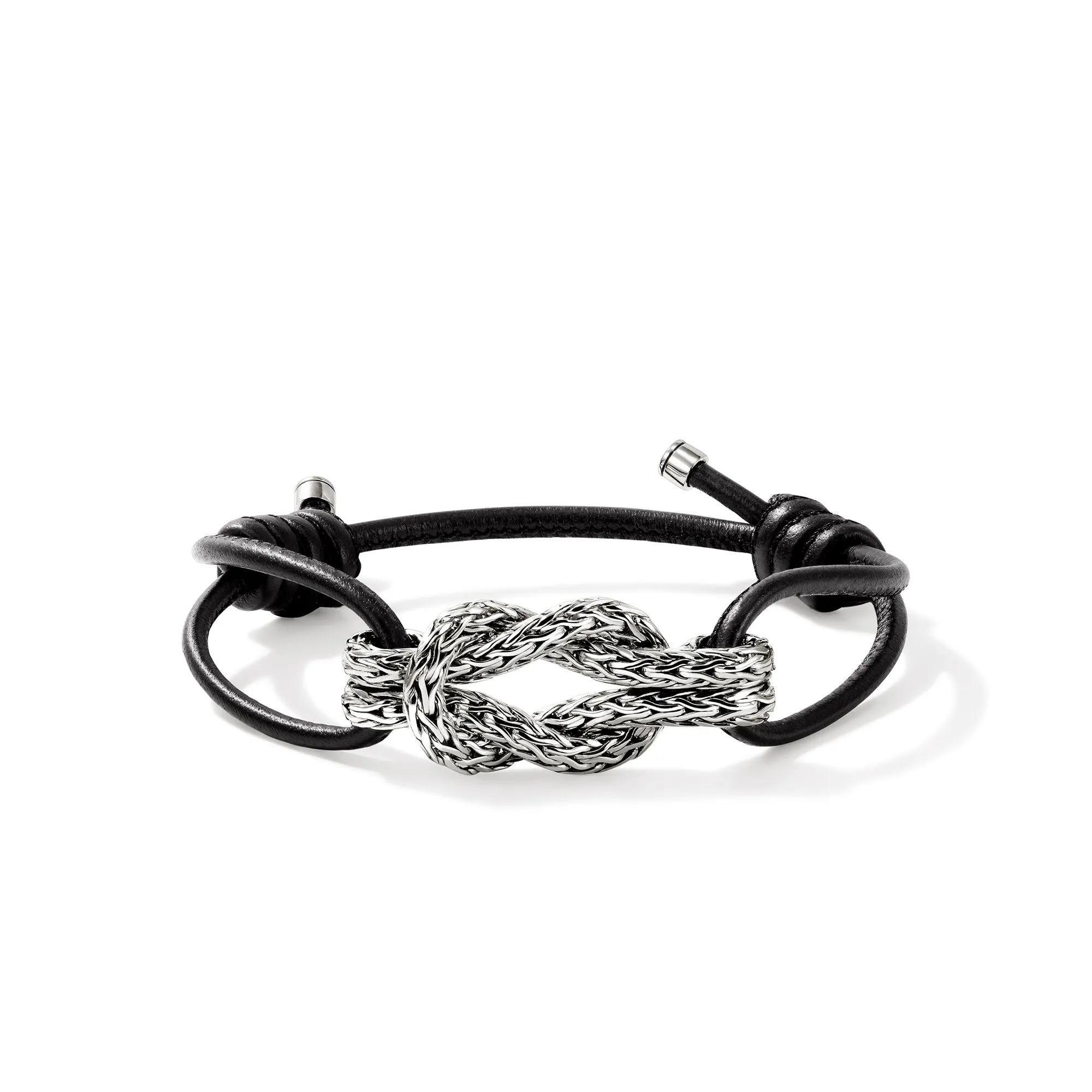 JOHN HARDY LARGE STERLING SILVER CHAIN LOVE KNOT AND BLACK LEATHER BRACELET