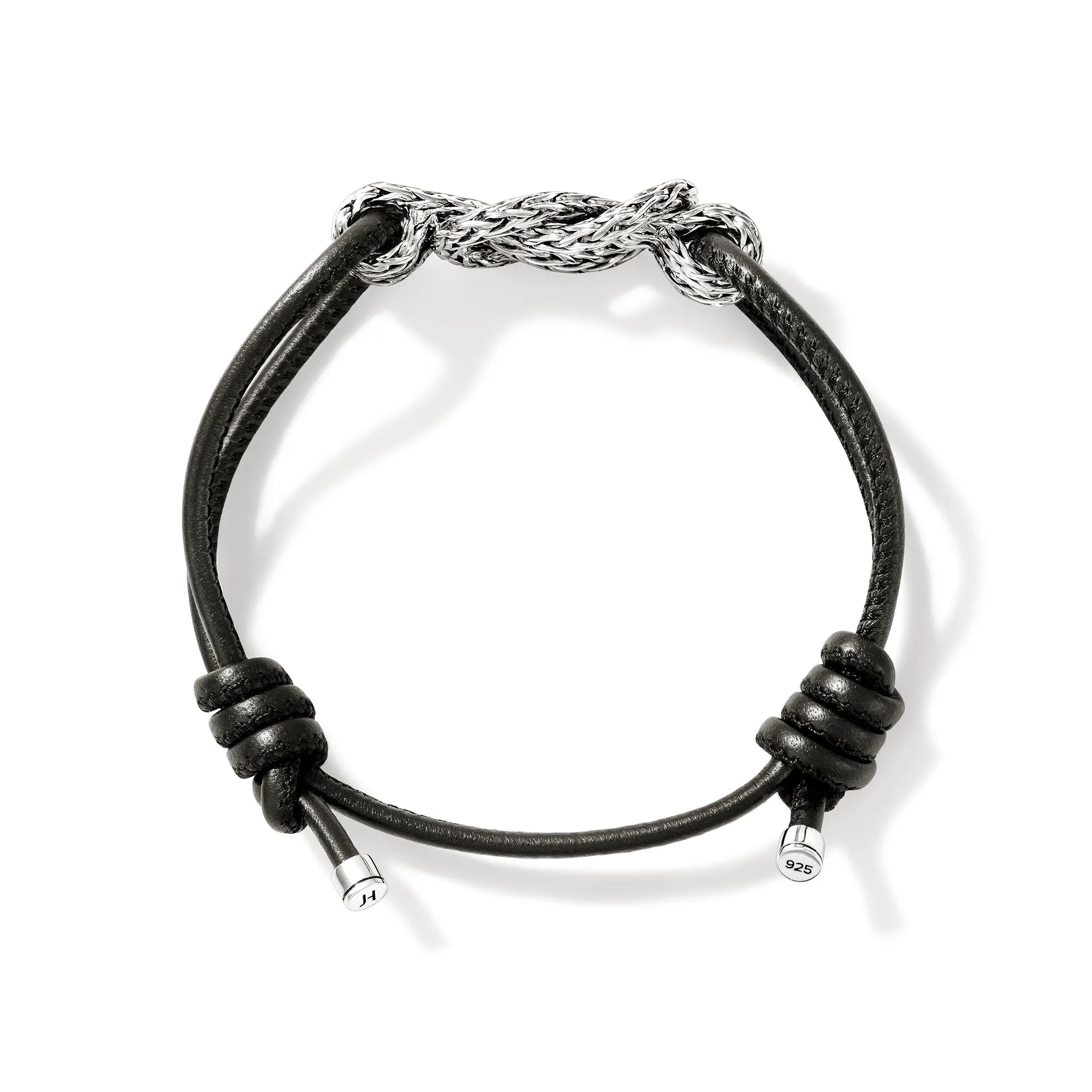 JOHN HARDY LARGE STERLING SILVER CHAIN LOVE KNOT AND BLACK LEATHER BRACELET