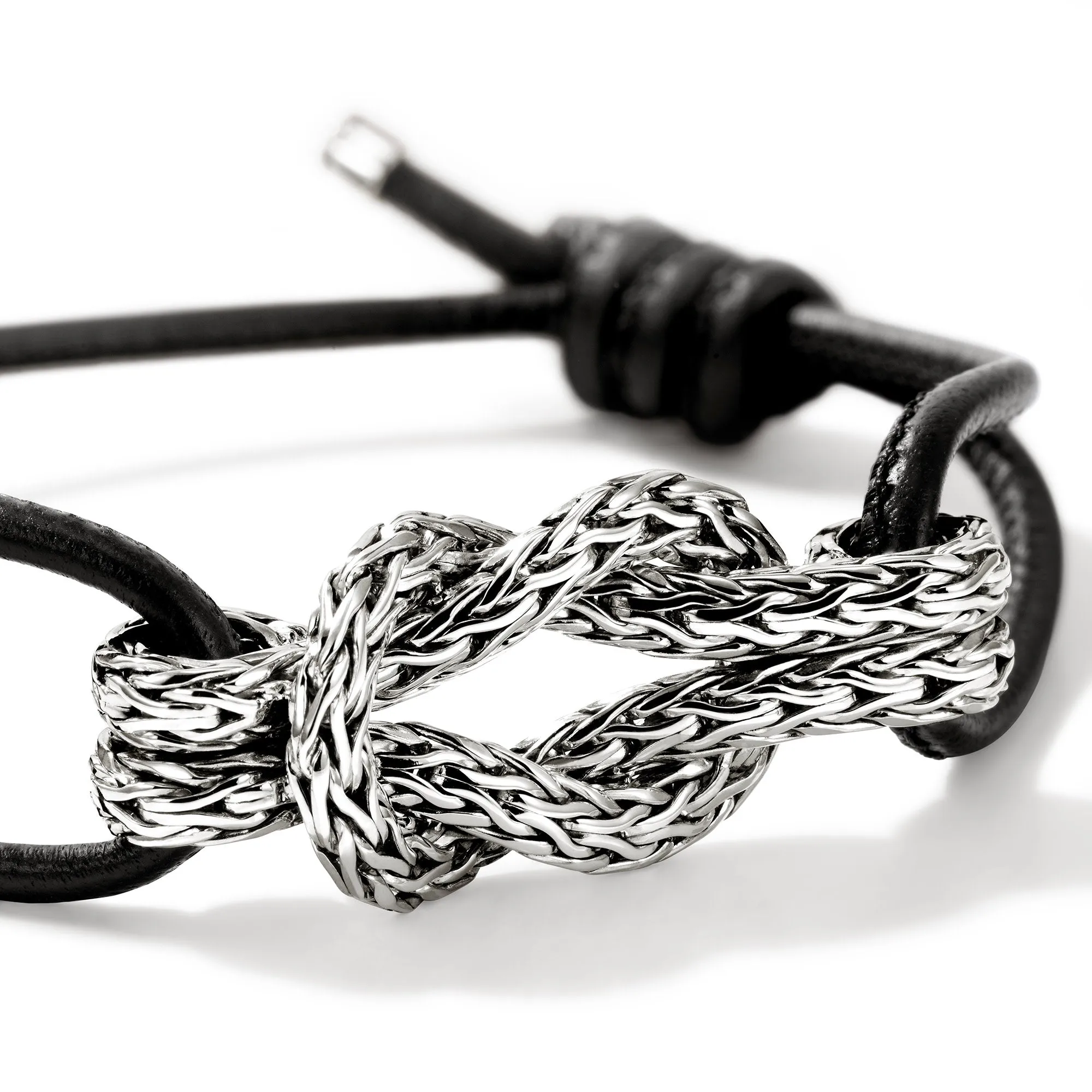 JOHN HARDY LARGE STERLING SILVER CHAIN LOVE KNOT AND BLACK LEATHER BRACELET