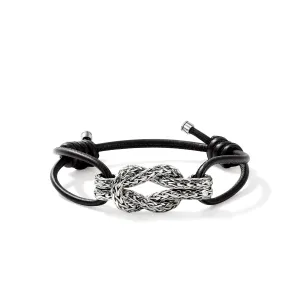 JOHN HARDY LARGE STERLING SILVER CHAIN LOVE KNOT AND BLACK LEATHER BRACELET