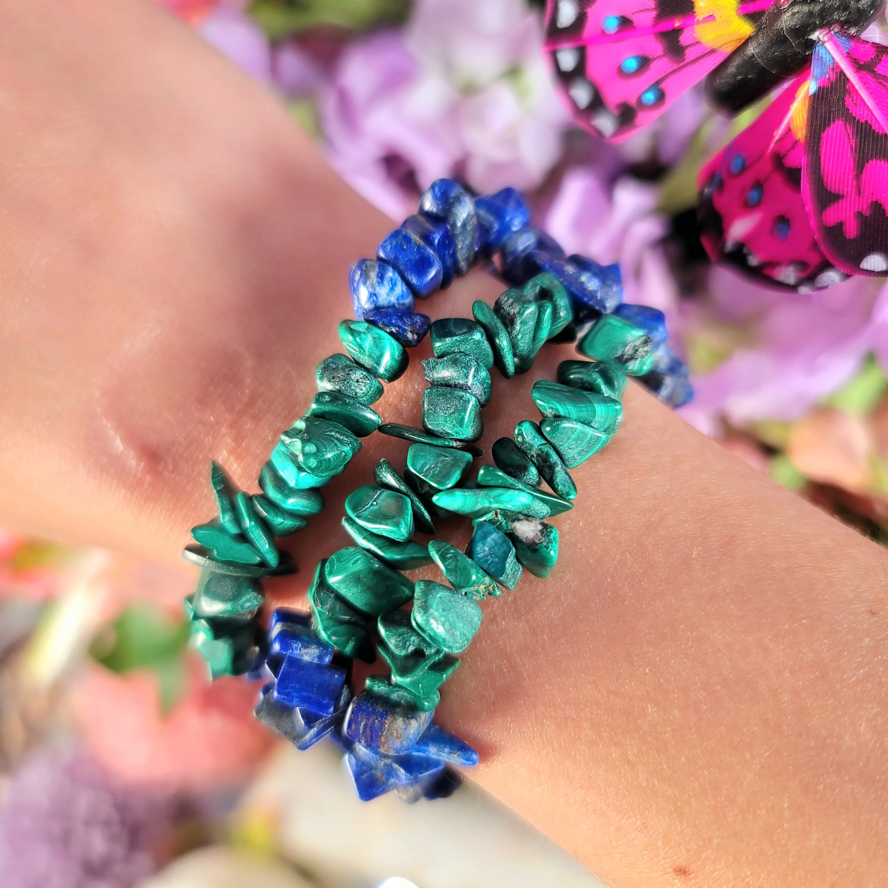 Malachite & Lapis Lazuli Chip Bracelet for Connection with Higher Goddess and Clear Mind and Protection