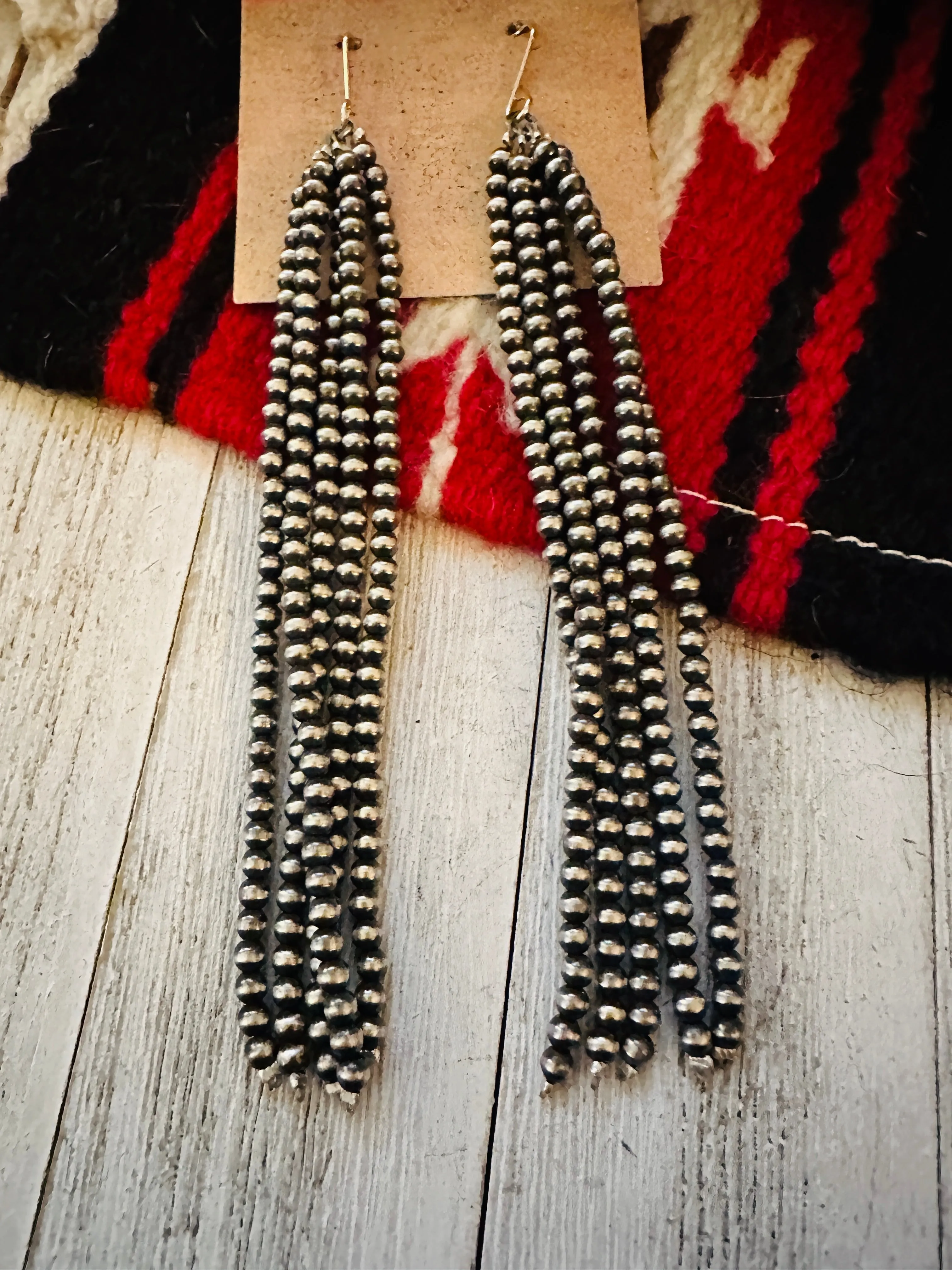 Navajo Sterling Silver Pearl Beaded Tassel Dangle Earrings