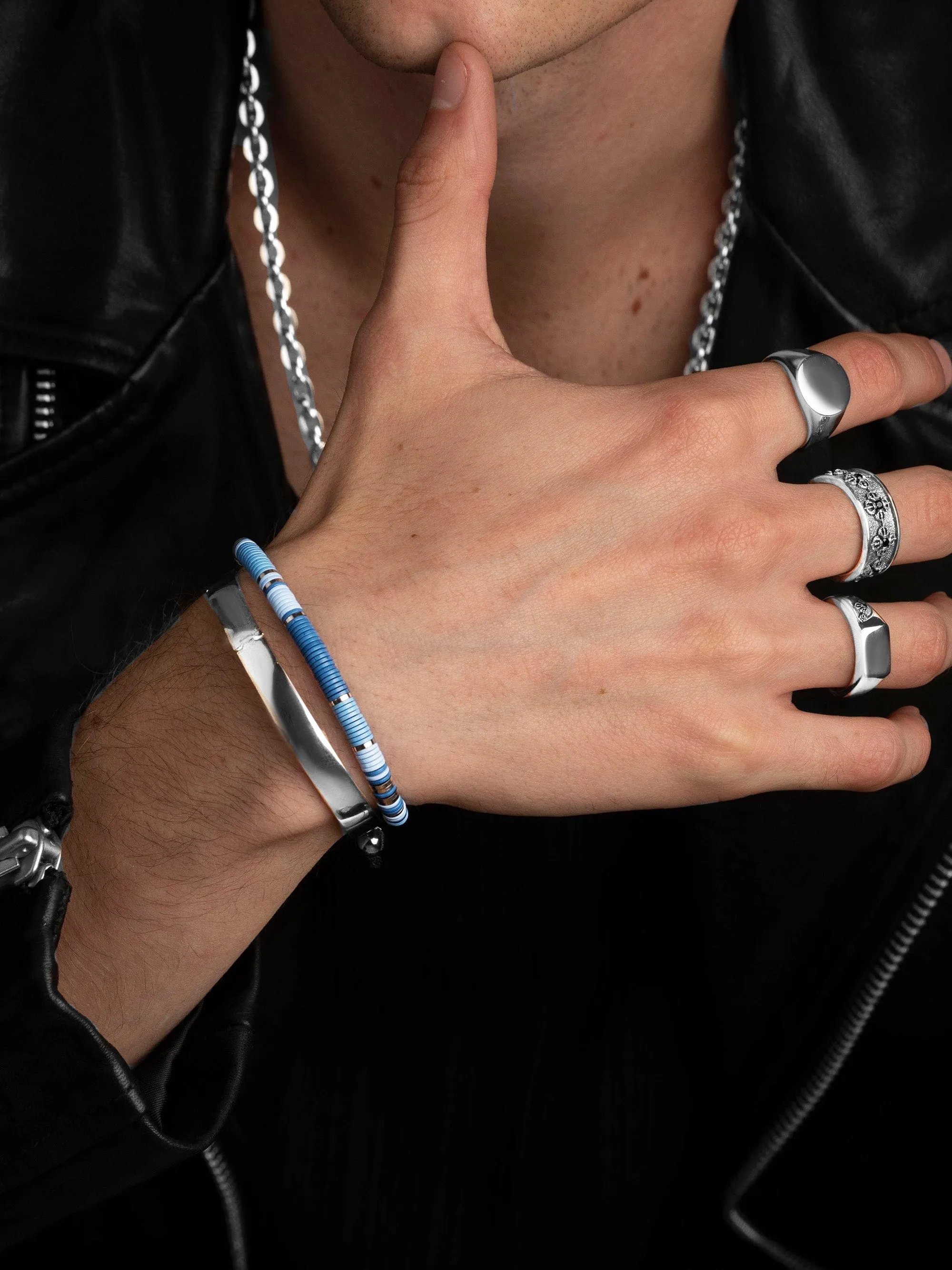 Nialaya Men's Beaded Bracelet with Light Blue and Silver Disc Beads