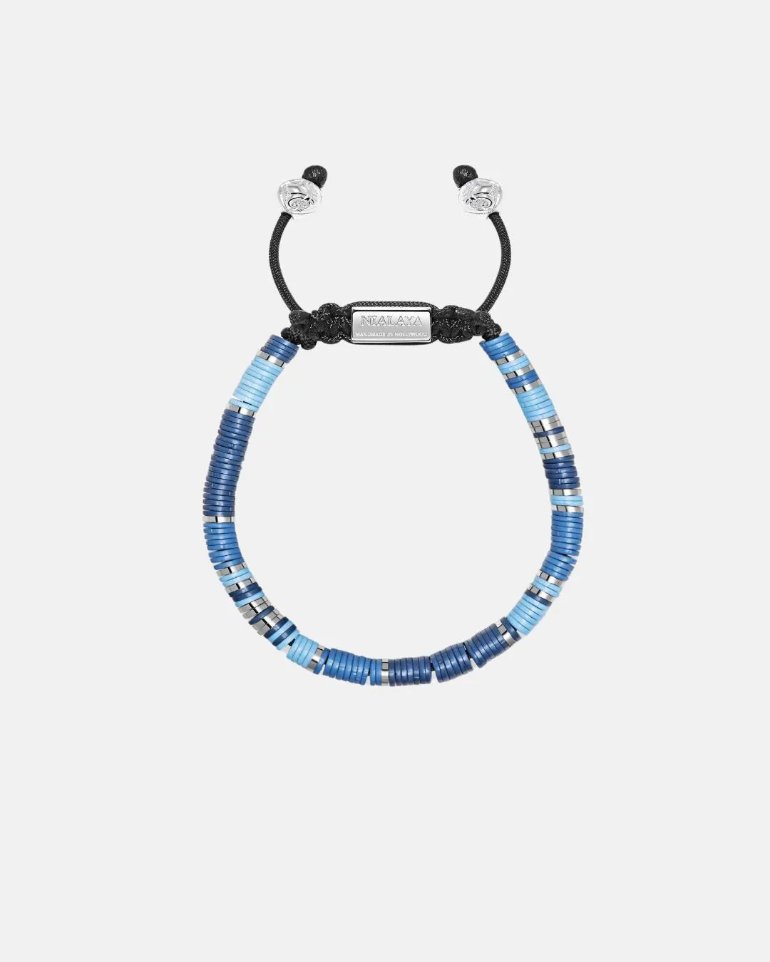 Nialaya Men's Beaded Bracelet with Light Blue and Silver Disc Beads